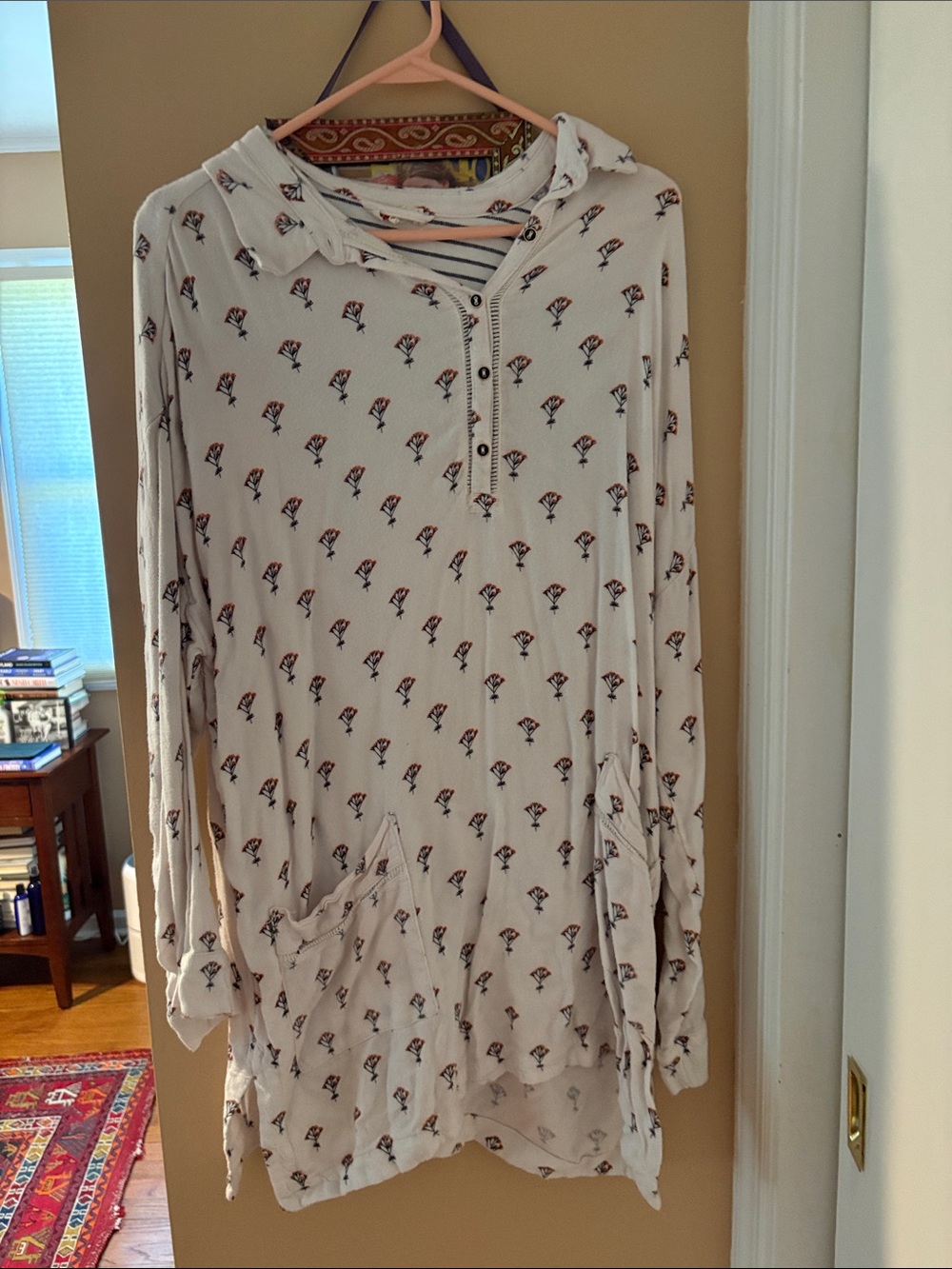 Anthropologie Cream Long-Sleeve Tunic with Small Floral Print